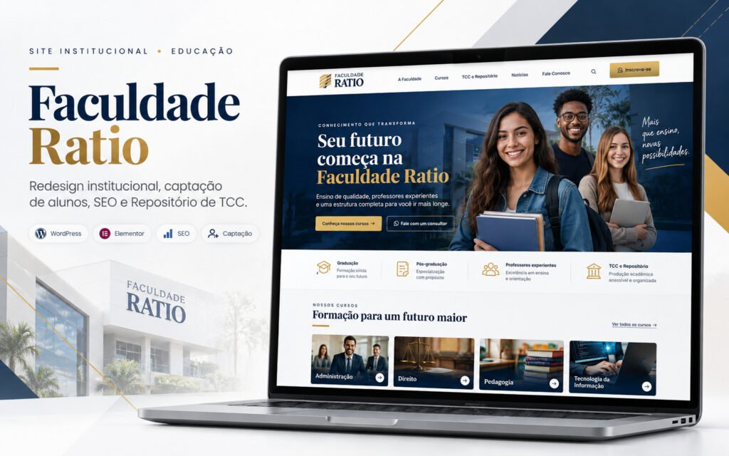 Redesign do site institucional da Faculdade Ratio com WordPress, foco em captação de alunos, organização de cursos, SEO, responsividade e experiência do usuário.